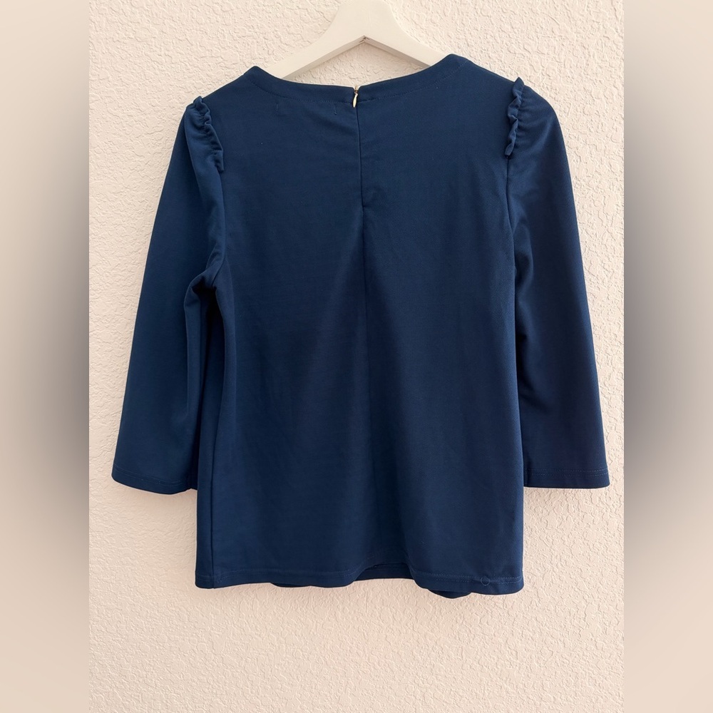 Sfera Navy Blue Pleated Neck Blouse | 3/4 Sleeve Elegant Feminine Top - Picture 3 of 5